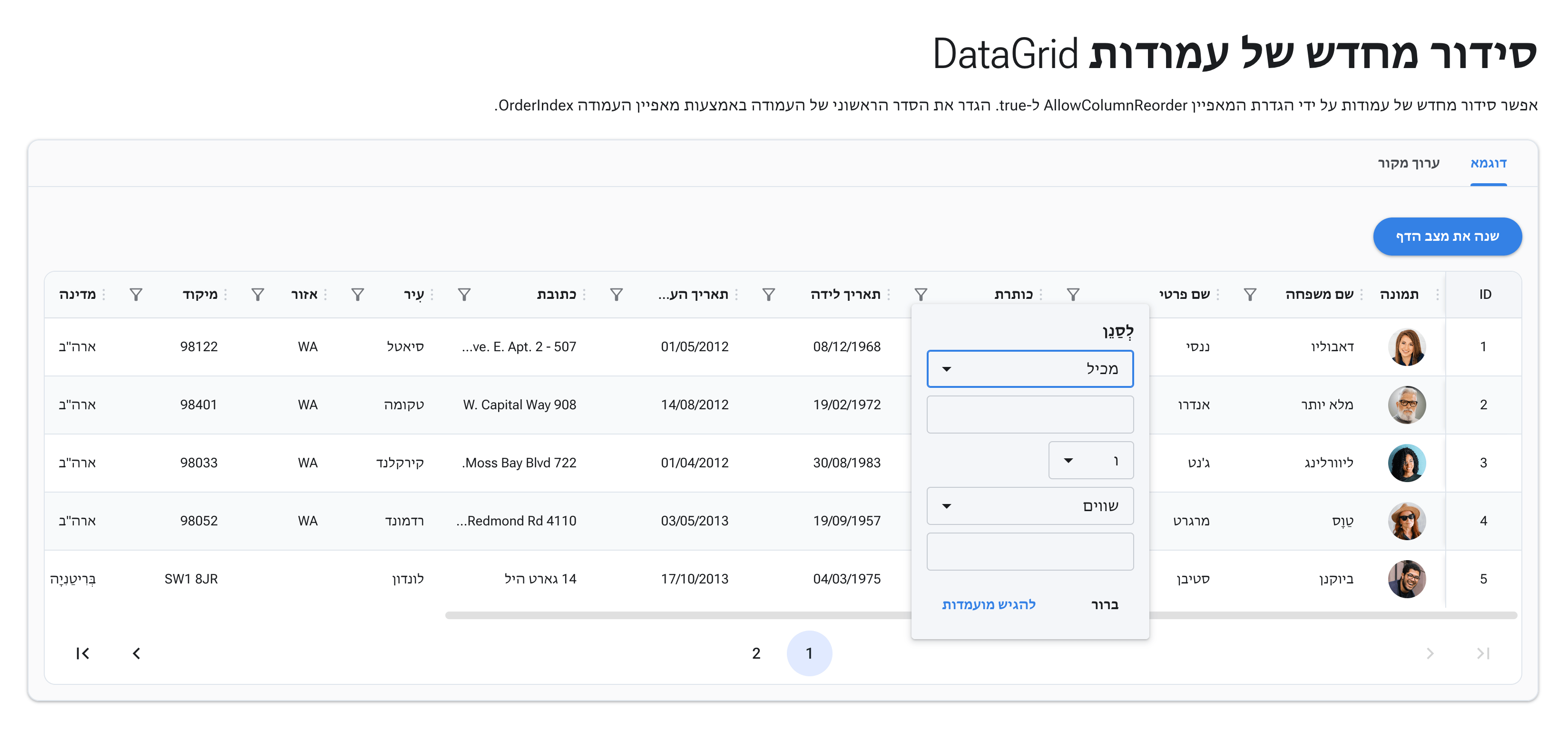 A preview of Radzen Blazor DataGrid component in Hebrew RTL mode using auto in-browser translation from English.