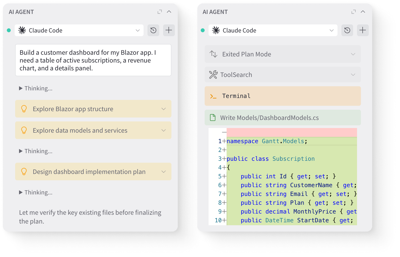 image AI coding agents running inside Radzen Blazor Studio alongside the visual designer