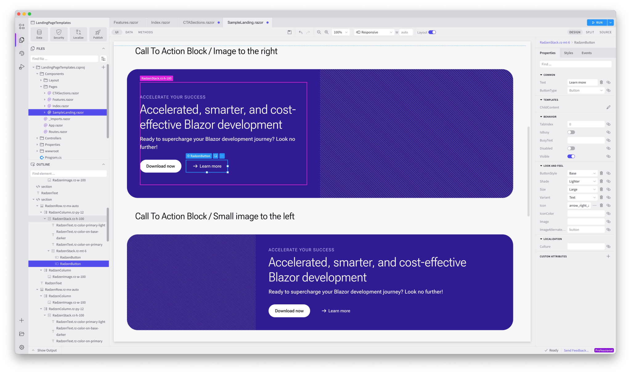 Preview of UI Blocks in Radzen Blazor Studio