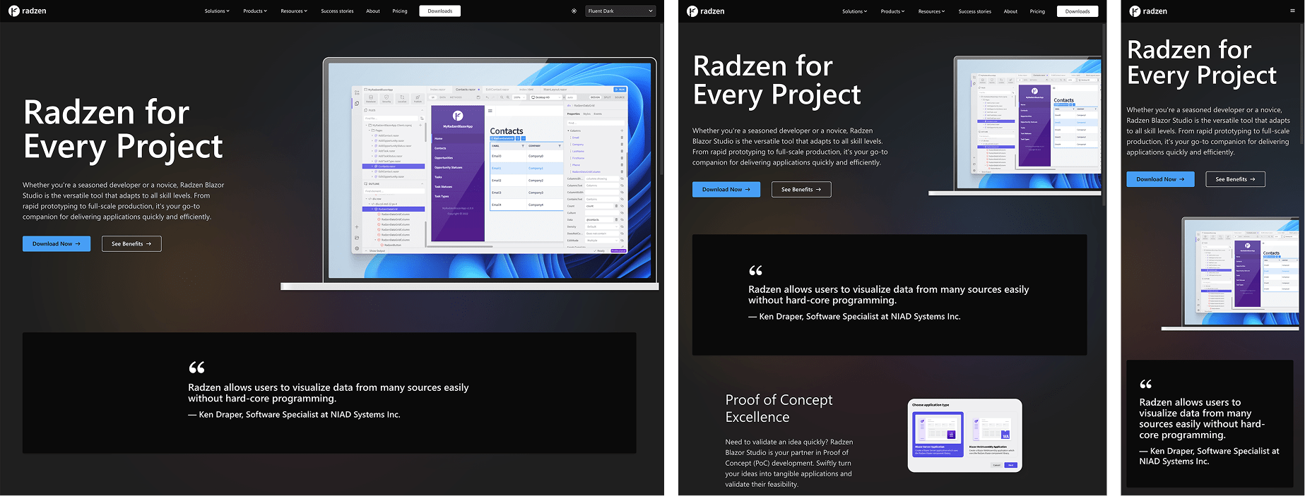 Responsive Radzen Blazor website featuring Fluent Dark theme